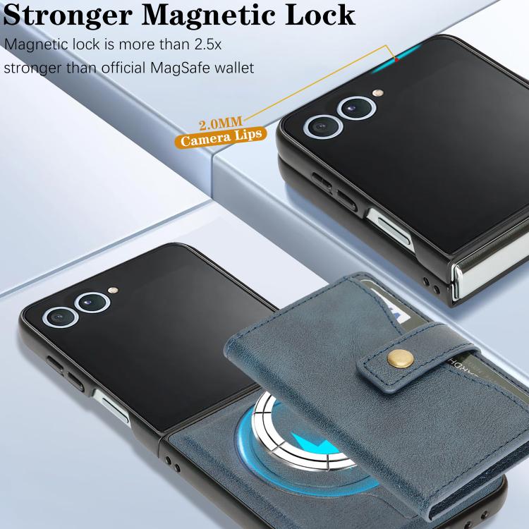 For Samsung Galaxy Z Flip7 Kalebol Magnetic Button Card Bag MagSafe Ring Leather Phone Case(Blue) - Galaxy Z Flip7 5G Cases by Kalebol | Online Shopping UK | buy2fix