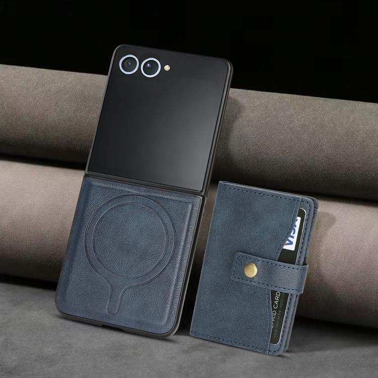 For Samsung Galaxy Z Flip7 Kalebol Magnetic Button Card Bag MagSafe Ring Leather Phone Case(Blue) - Galaxy Z Flip7 5G Cases by Kalebol | Online Shopping UK | buy2fix