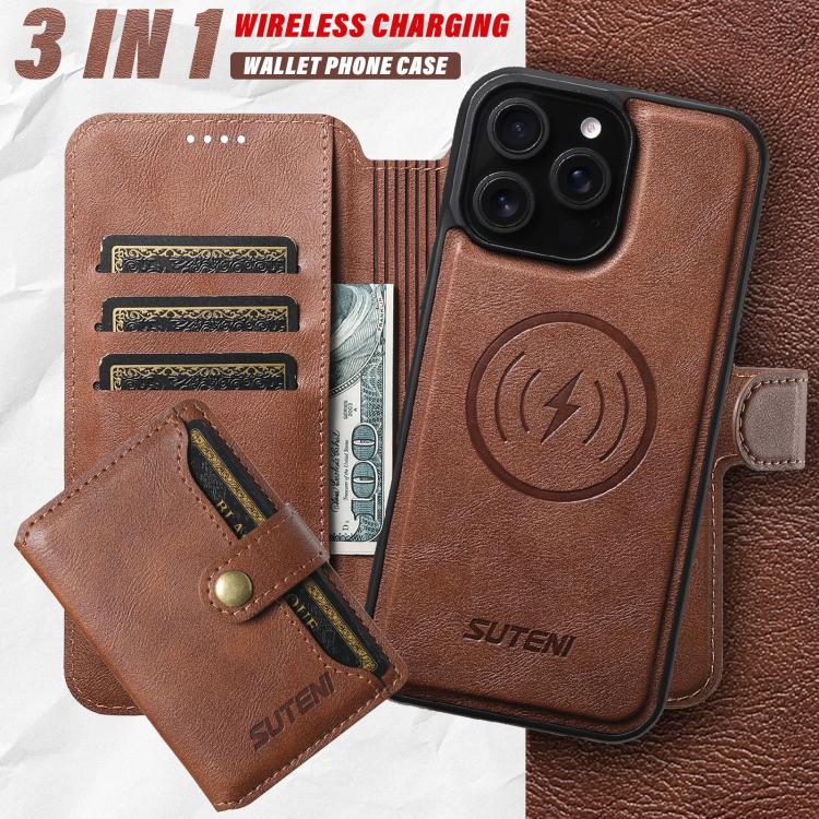 For iPhone 16 Pro Suteni Q05S1 3-in-1 Detachable Wallet MagSafe Leather Phone Case(Brown) - iPhone 16 Pro Cases by Suteni | Online Shopping UK | buy2fix