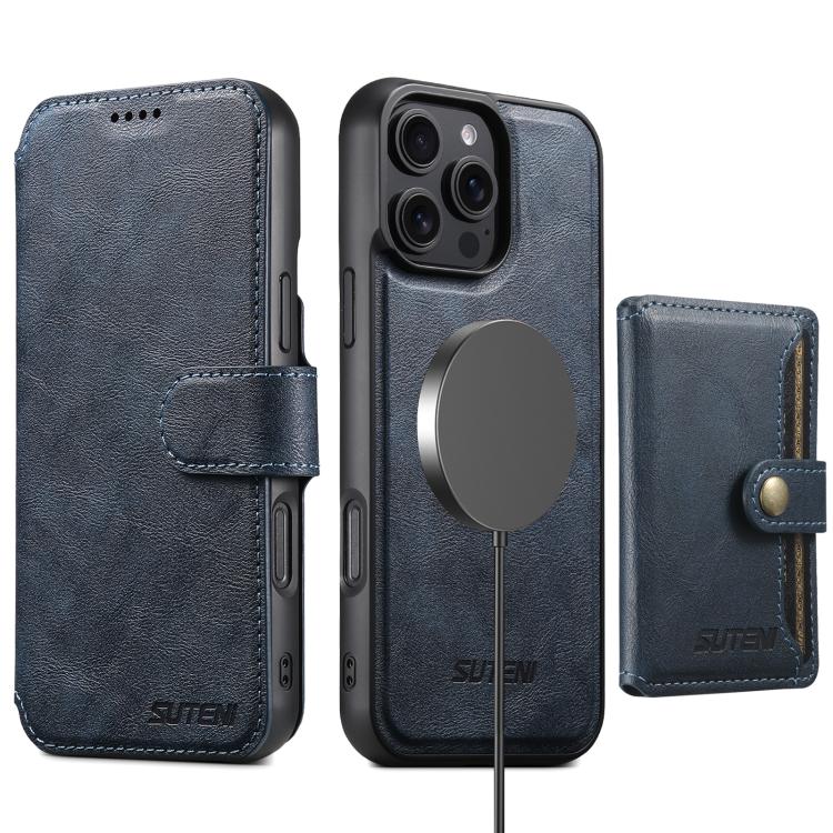 For iPhone 16 Pro Suteni Q05S1 3-in-1 Detachable Wallet MagSafe Leather Phone Case(Blue) - iPhone 16 Pro Cases by Suteni | Online Shopping UK | buy2fix