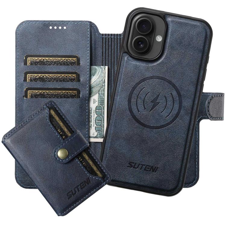 For iPhone 16 Plus Suteni Q05S1 3-in-1 Detachable Wallet MagSafe Leather Phone Case(Blue) - iPhone 16 Plus Cases by Suteni | Online Shopping UK | buy2fix