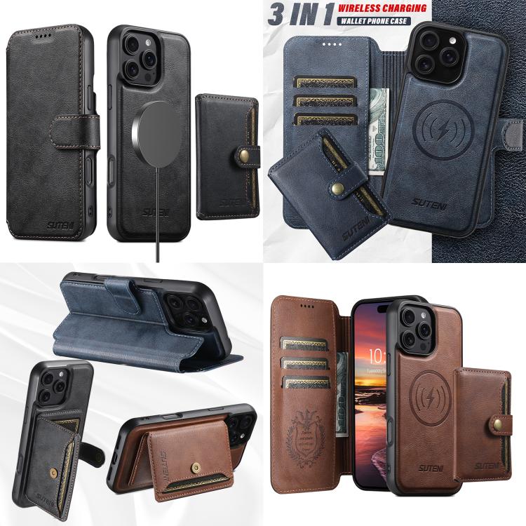 For iPhone 16 Pro Suteni Q05S1 3-in-1 Detachable Wallet MagSafe Leather Phone Case(Blue) - iPhone 16 Pro Cases by Suteni | Online Shopping UK | buy2fix