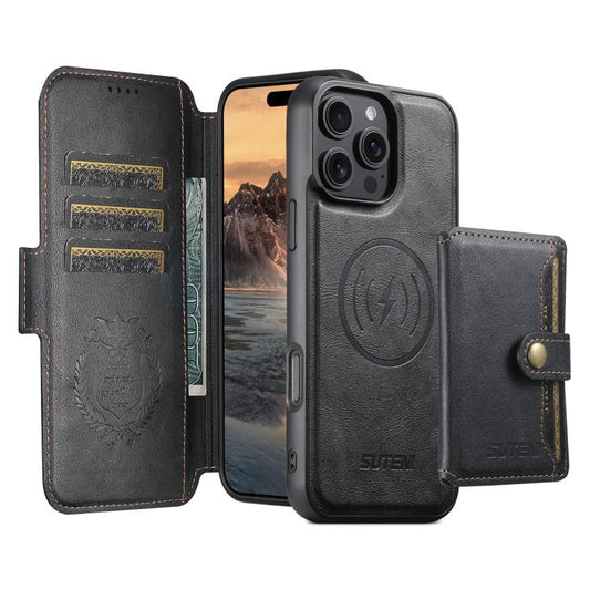 For iPhone 16 Pro Suteni Q06S1 3-in-1 Splicing Detachable Wallet MagSafe Leather Phone Case(Black) - iPhone 16 Pro Cases by Suteni | Online Shopping UK | buy2fix