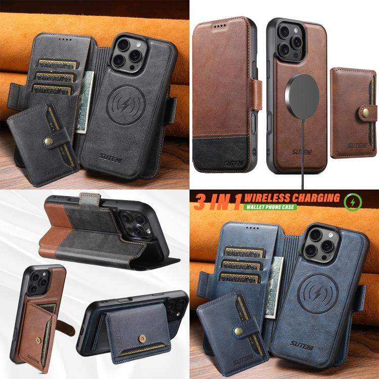 For iPhone 16 Plus Suteni Q06S1 3-in-1 Splicing Detachable Wallet MagSafe Leather Phone Case(Brown) - iPhone 16 Plus Cases by Suteni | Online Shopping UK | buy2fix