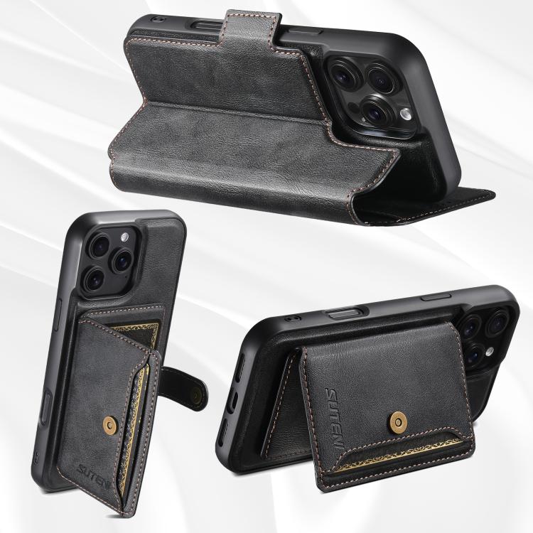 For iPhone 16 Pro Max Suteni Q07S1 3-in-1 Detachable Wallet MagSafe Splicing Leather Phone Case(Black) - iPhone 16 Pro Max Cases by Suteni | Online Shopping UK | buy2fix