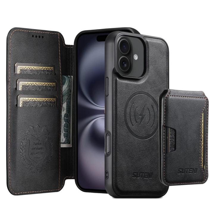 For iPhone 16 Plus Suteni Q05S3 3-in-1 Detachable Vertical Flip Wallet MagSafe Leather Phone Case(Black) - iPhone 16 Plus Cases by Suteni | Online Shopping UK | buy2fix