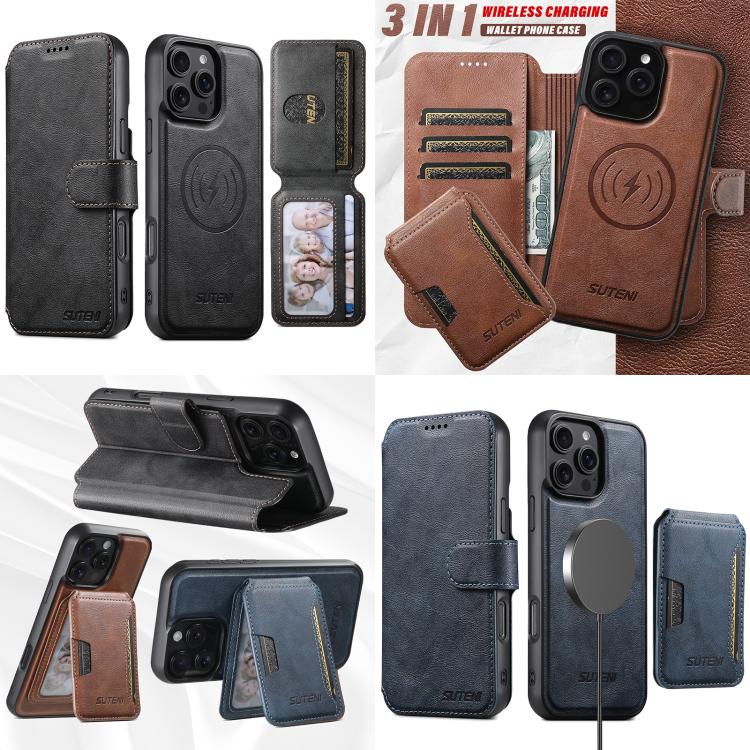 For iPhone 16 Plus Suteni Q05S3 3-in-1 Detachable Vertical Flip Wallet MagSafe Leather Phone Case(Black) - iPhone 16 Plus Cases by Suteni | Online Shopping UK | buy2fix