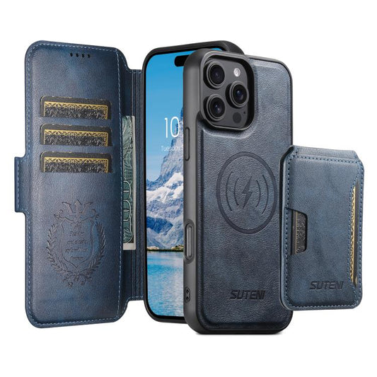 For iPhone 16 Pro Suteni Q06S3 3-in-1 Splicing Detachable Vertical Flip Wallet MagSafe Leather Phone Case(Blue) - iPhone 16 Pro Cases by Suteni | Online Shopping UK | buy2fix