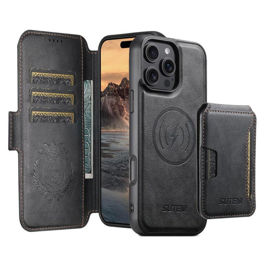 For iPhone 16 Suteni Q06S3 3-in-1 Splicing Detachable Vertical Flip Wallet MagSafe Leather Phone Case(Black) - iPhone 16 Cases by Suteni | Online Shopping UK | buy2fix