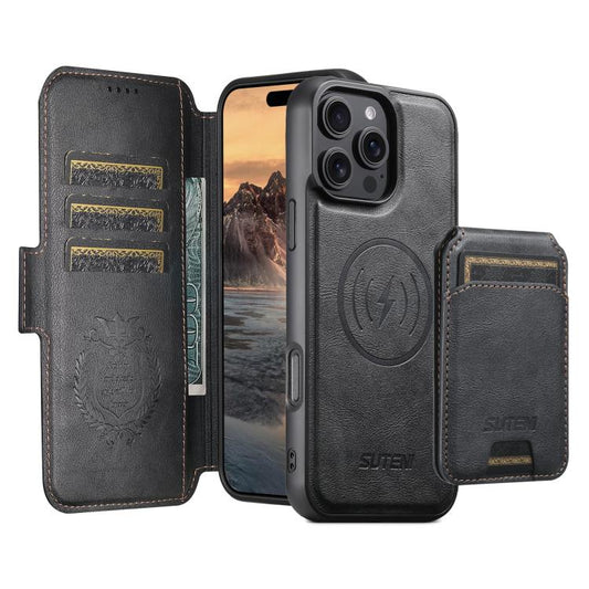 For iPhone 16 Plus Suteni Q07S2 3-in-1 Detachable Vertical Flip Wallet MagSafe Splicing Leather Phone Case(Black) - iPhone 16 Plus Cases by Suteni | Online Shopping UK | buy2fix