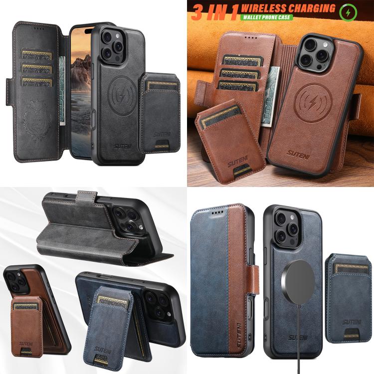 For iPhone 16 Plus Suteni Q07S2 3-in-1 Detachable Vertical Flip Wallet MagSafe Splicing Leather Phone Case(Black) - iPhone 16 Plus Cases by Suteni | Online Shopping UK | buy2fix