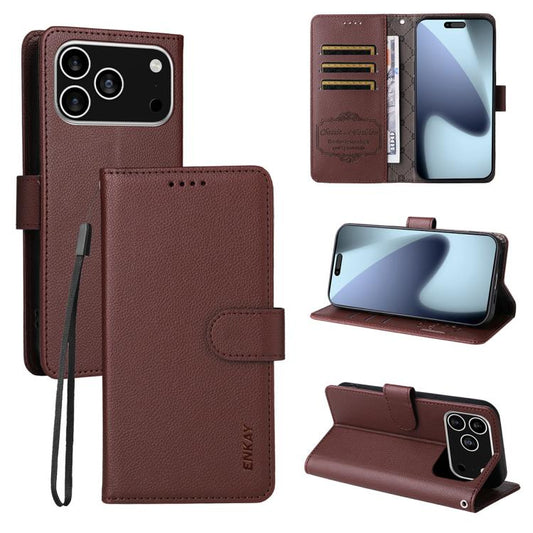 For iPhone 17 Pro Max ENKAY RFID Blocking Wallet Kickstand Litchi Texture Leather Phone Case(Brown) - iPhone 17 Pro Max Cases by ENKAY | Online Shopping UK | buy2fix