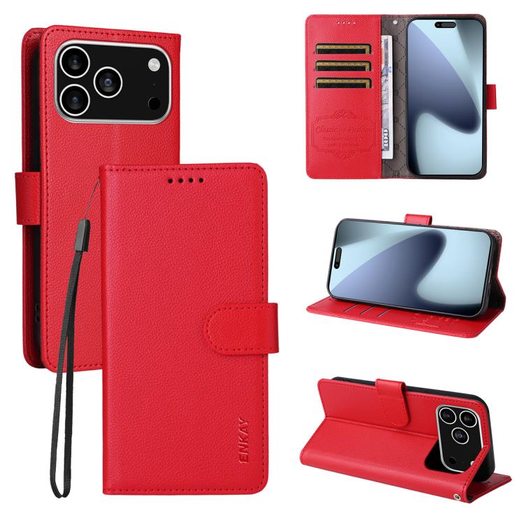 For iPhone 17 Pro ENKAY RFID Blocking Wallet Kickstand Litchi Texture Leather Phone Case(Red) - iPhone 17 Pro Cases by ENKAY | Online Shopping UK | buy2fix