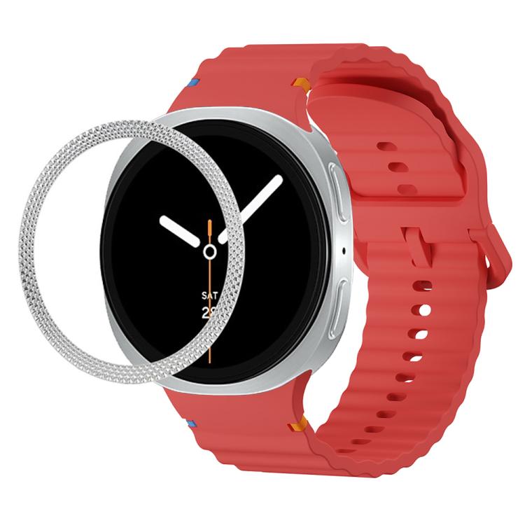 For Samsung Galaxy Watch8 40mm Rhombic Texture Bezel and Wavy Grain Stitched Color Buckle Silicone Watch Band(Red Silver) - Watch Bands by buy2fix | Online Shopping UK | buy2fix