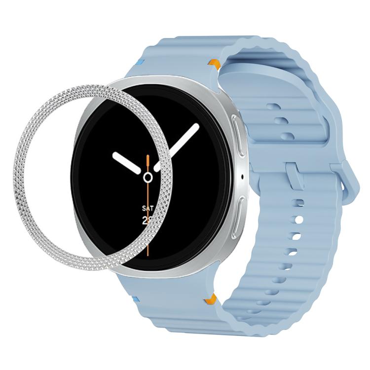 For Samsung Galaxy Watch8 40mm Rhombic Texture Bezel and Wavy Grain Stitched Color Buckle Silicone Watch Band(Light Blue Silver) - Watch Bands by buy2fix | Online Shopping UK | buy2fix