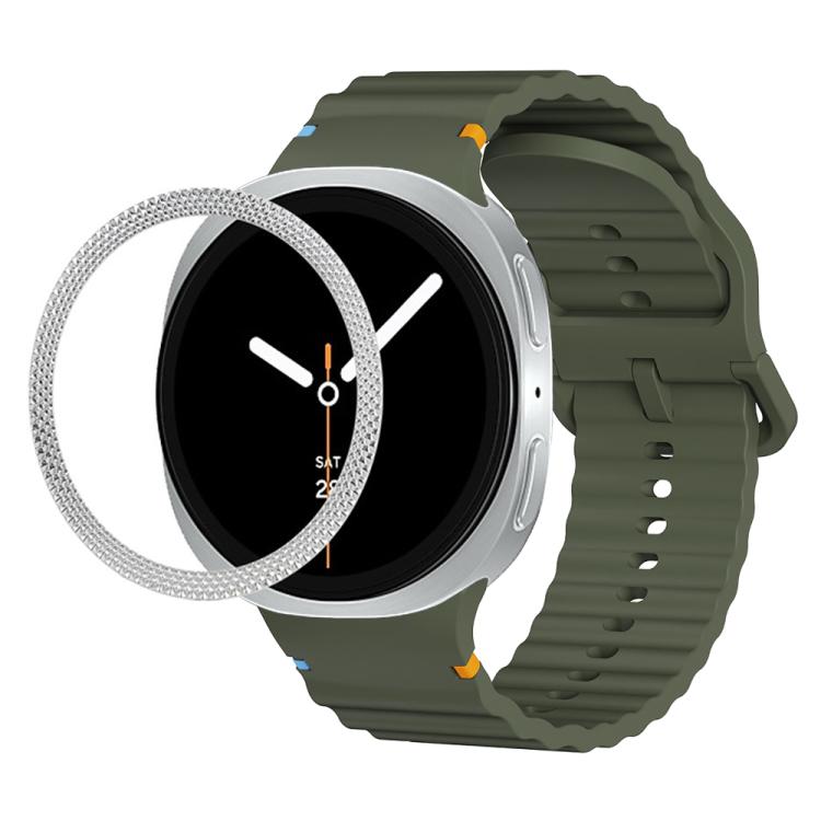 For Samsung Galaxy Watch8 40mm Rhombic Texture Bezel and Wavy Grain Stitched Color Buckle Silicone Watch Band(Army Green Silver) - Watch Bands by buy2fix | Online Shopping UK | buy2fix
