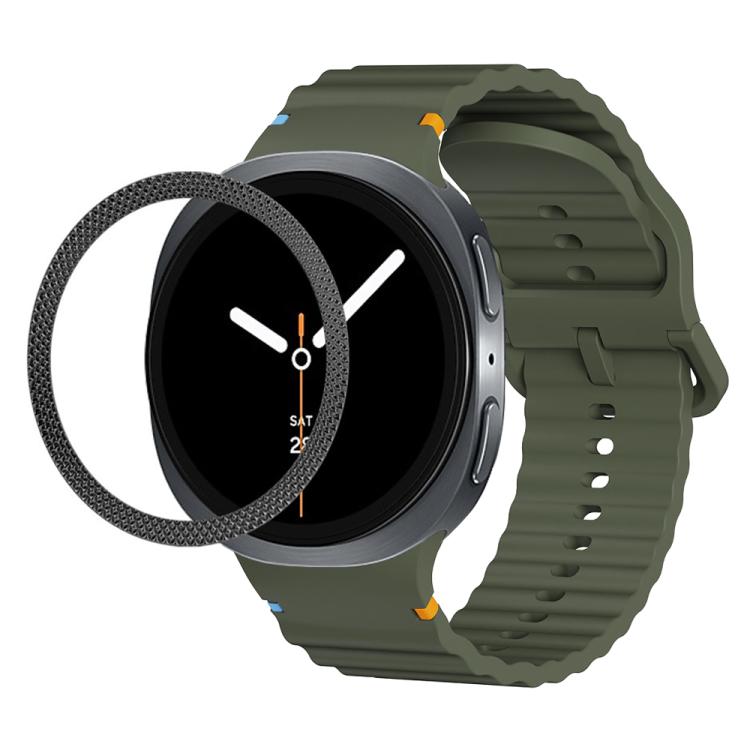 For Samsung Galaxy Watch8 40mm Rhombic Texture Bezel and Wavy Grain Stitched Color Buckle Silicone Watch Band(Army Green Black) - Watch Bands by buy2fix | Online Shopping UK | buy2fix
