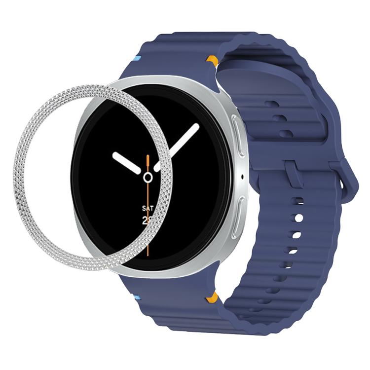 For Samsung Galaxy Watch8 44mm Rhombic Texture Bezel and Wavy Grain Stitched Color Buckle Silicone Watch Band(Midnight Blue Silver) - Watch Bands by buy2fix | Online Shopping UK | buy2fix