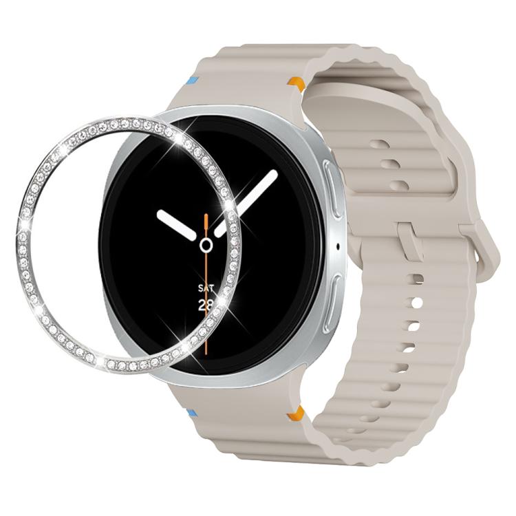 For Samsung Galaxy Watch8 44mm Diamond Bezel and Wavy Grain Stitched Color Buckle Silicone Watch Band(Starlight Silver) - Watch Bands by buy2fix | Online Shopping UK | buy2fix