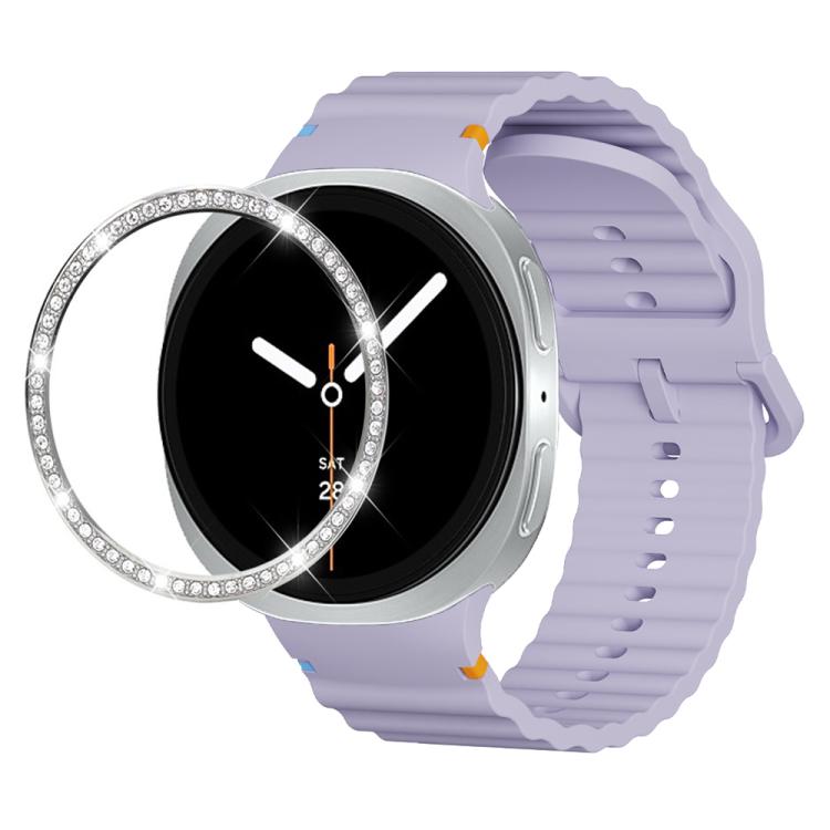 For Samsung Galaxy Watch8 44mm Diamond Bezel and Wavy Grain Stitched Color Buckle Silicone Watch Band(Purple Silver) - Watch Bands by buy2fix | Online Shopping UK | buy2fix