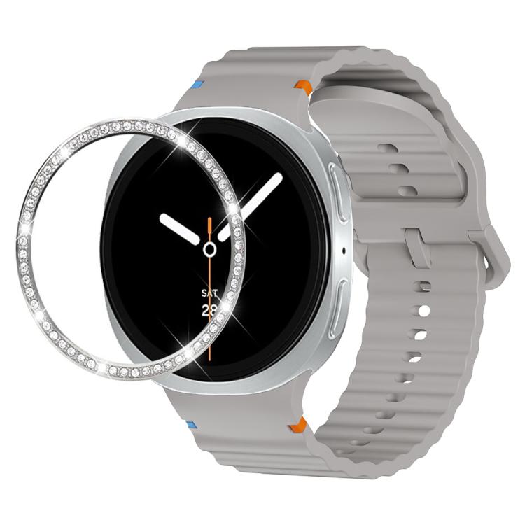 For Samsung Galaxy Watch8 44mm Diamond Bezel and Wavy Grain Stitched Color Buckle Silicone Watch Band(Gray Silver) - Watch Bands by buy2fix | Online Shopping UK | buy2fix