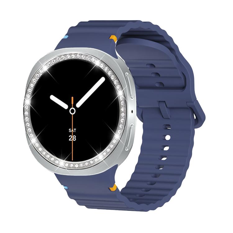 For Samsung Galaxy Watch8 44mm Diamond Bezel and Wavy Grain Stitched Color Buckle Silicone Watch Band(Midnight Blue Silver) - Watch Bands by buy2fix | Online Shopping UK | buy2fix