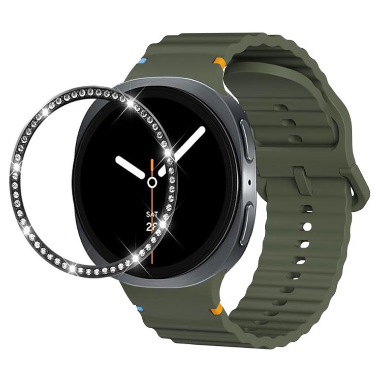 For Samsung Galaxy Watch8 44mm Diamond Bezel and Wavy Grain Stitched Color Buckle Silicone Watch Band(Army Green Black) - Watch Bands by buy2fix | Online Shopping UK | buy2fix