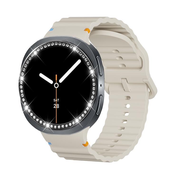 For Samsung Galaxy Watch8 44mm Diamond Bezel and Wavy Grain Stitched Color Buckle Silicone Watch Band(Beige Black) - Watch Bands by buy2fix | Online Shopping UK | buy2fix