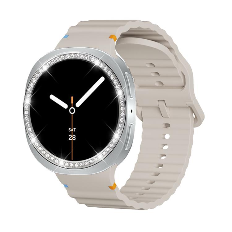 For Samsung Galaxy Watch8 40mm Diamond Bezel and Wavy Grain Stitched Color Buckle Silicone Watch Band(Starlight Silver) - Watch Bands by buy2fix | Online Shopping UK | buy2fix