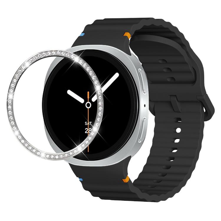 For Samsung Galaxy Watch8 40mm Diamond Bezel and Wavy Grain Stitched Color Buckle Silicone Watch Band(Black Silver) - Watch Bands by buy2fix | Online Shopping UK | buy2fix