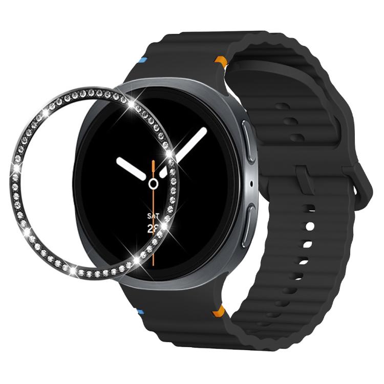 For Samsung Galaxy Watch8 40mm Diamond Bezel and Wavy Grain Stitched Color Buckle Silicone Watch Band(Black Black) - Watch Bands by buy2fix | Online Shopping UK | buy2fix