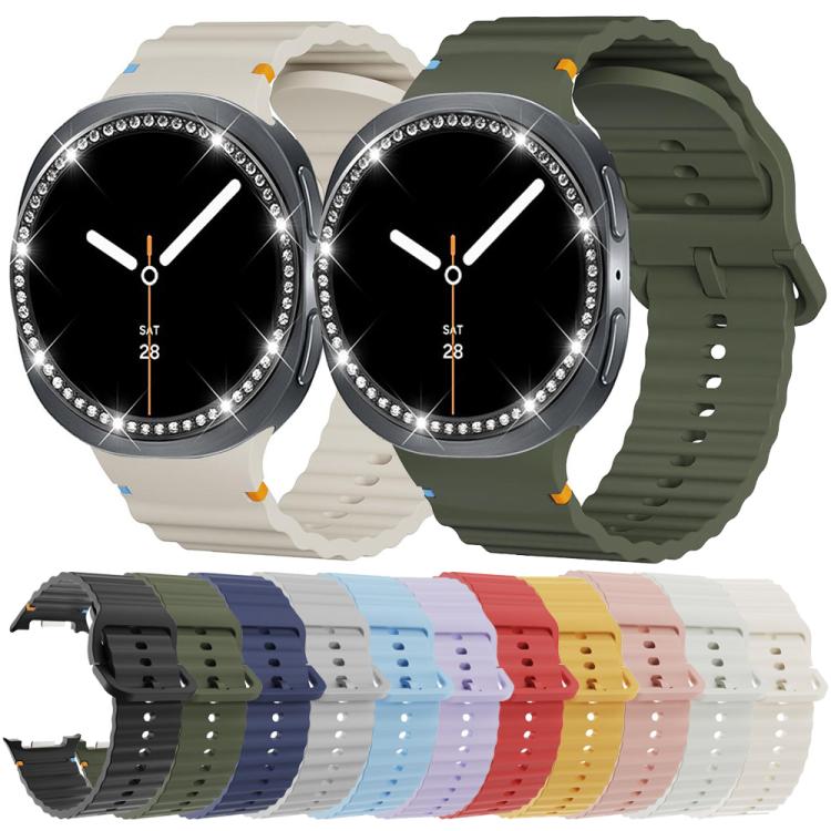 For Samsung Galaxy Watch8 44mm Diamond Bezel and Wavy Grain Stitched Color Buckle Silicone Watch Band(Yellow Silver) - Watch Bands by buy2fix | Online Shopping UK | buy2fix