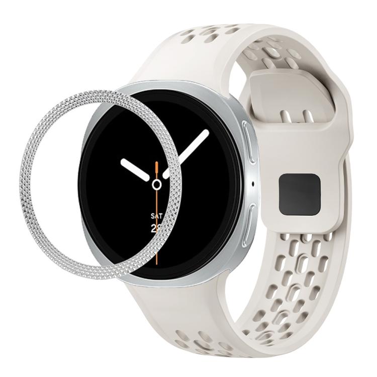 For Samsung Galaxy Watch8 44mm Rhombic Texture Bezel and Black Reverse Buckle Silicone Watch Band(Beige Silver) - Watch Bands by buy2fix | Online Shopping UK | buy2fix