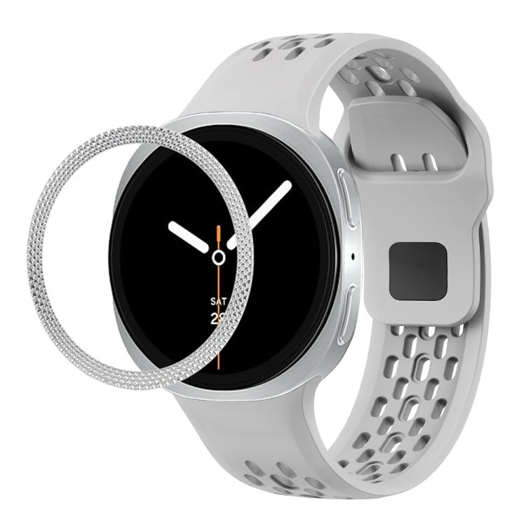 For Samsung Galaxy Watch8 44mm Rhombic Texture Bezel and Black Reverse Buckle Silicone Watch Band(Gray Silver) - Watch Bands by buy2fix | Online Shopping UK | buy2fix