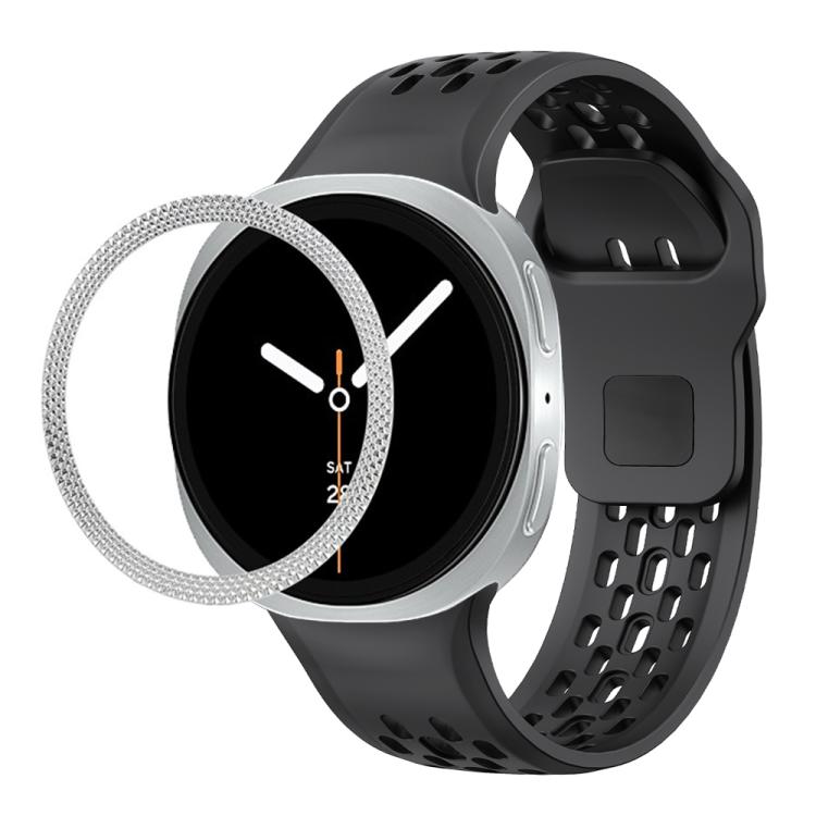 For Samsung Galaxy Watch8 44mm Rhombic Texture Bezel and Black Reverse Buckle Silicone Watch Band(Black Silver) - Watch Bands by buy2fix | Online Shopping UK | buy2fix