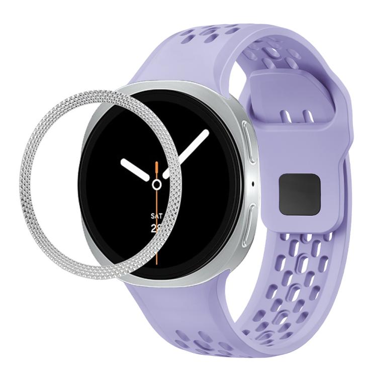 For Samsung Galaxy Watch8 40mm Rhombic Texture Bezel and Black Reverse Buckle Silicone Watch Band(Purple Silver) - Watch Bands by buy2fix | Online Shopping UK | buy2fix
