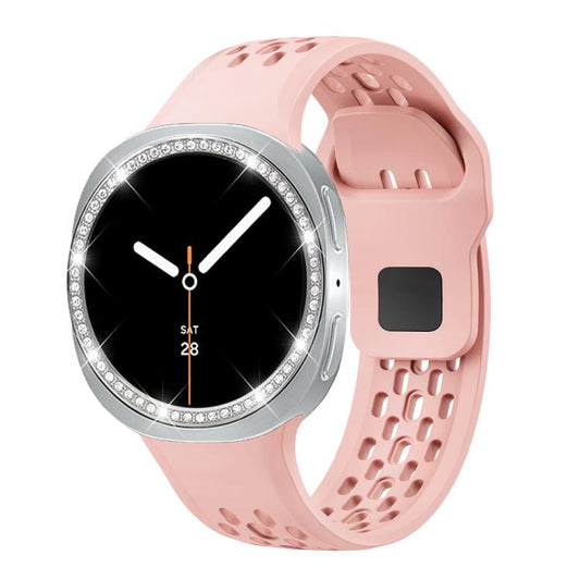 For Samsung Galaxy Watch8 44mm Diamond Bezel and Black Reverse Buckle Silicone Watch Band(Pink Silver) - Watch Bands by buy2fix | Online Shopping UK | buy2fix