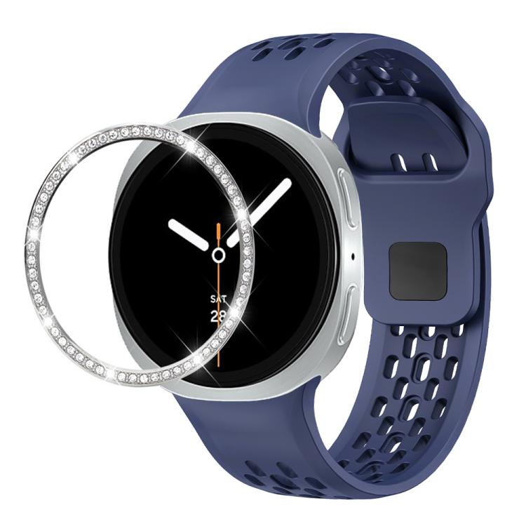 For Samsung Galaxy Watch8 44mm Diamond Bezel and Black Reverse Buckle Silicone Watch Band(Midnight Blue Silver) - Watch Bands by buy2fix | Online Shopping UK | buy2fix