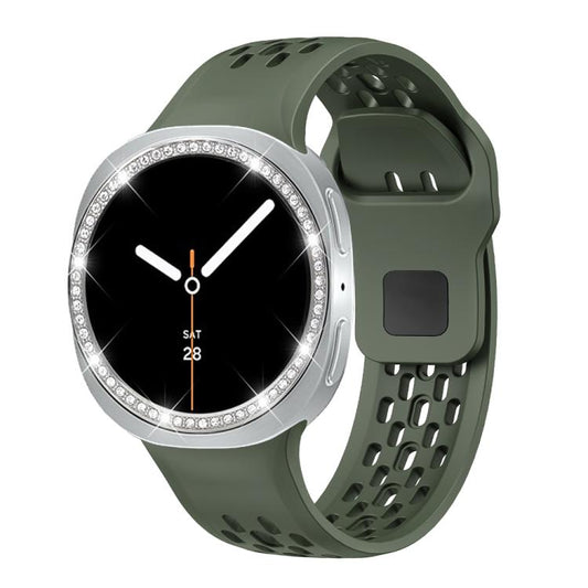 For Samsung Galaxy Watch8 44mm Diamond Bezel and Black Reverse Buckle Silicone Watch Band(Army Green Silver) - Watch Bands by buy2fix | Online Shopping UK | buy2fix