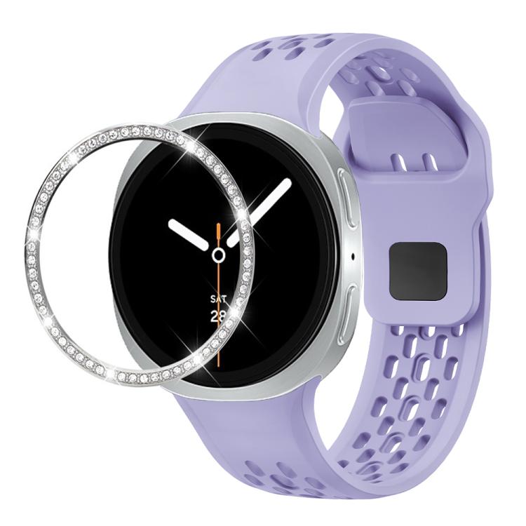 For Samsung Galaxy Watch8 40mm Diamond Bezel and Black Reverse Buckle Silicone Watch Band(Purple Silver) - Watch Bands by buy2fix | Online Shopping UK | buy2fix