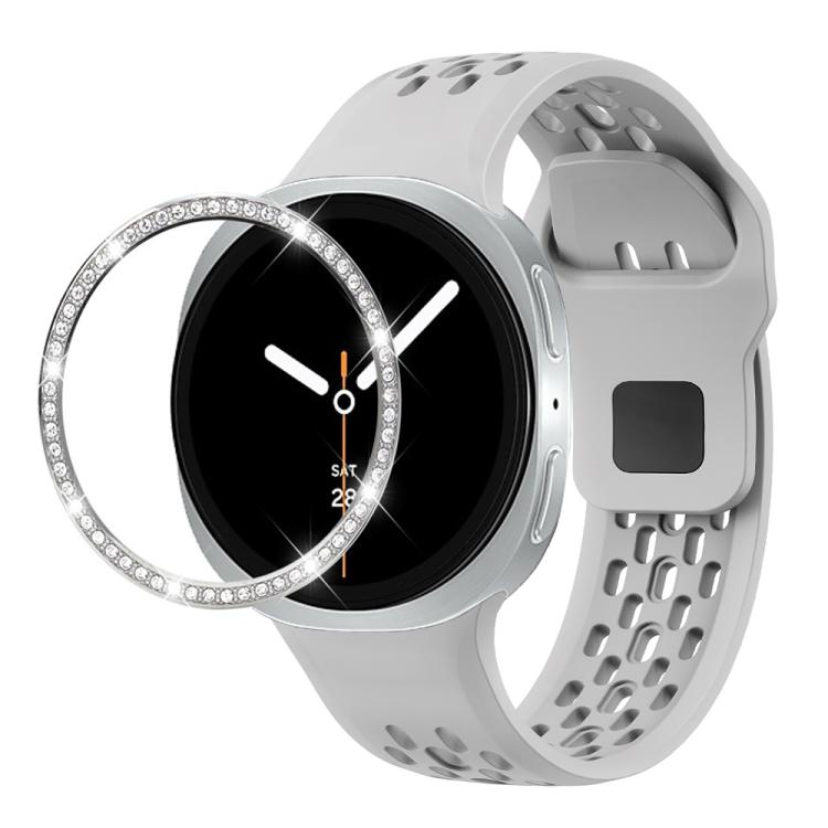 For Samsung Galaxy Watch8 40mm Diamond Bezel and Black Reverse Buckle Silicone Watch Band(Gray Silver) - Watch Bands by buy2fix | Online Shopping UK | buy2fix