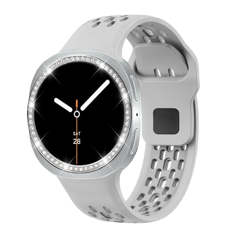 For Samsung Galaxy Watch8 40mm Diamond Bezel and Black Reverse Buckle Silicone Watch Band(Gray Silver) - Watch Bands by buy2fix | Online Shopping UK | buy2fix