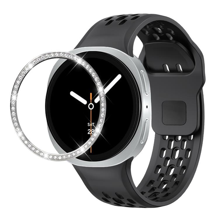 For Samsung Galaxy Watch8 40mm Diamond Bezel and Black Reverse Buckle Silicone Watch Band(Black Silver) - Watch Bands by buy2fix | Online Shopping UK | buy2fix
