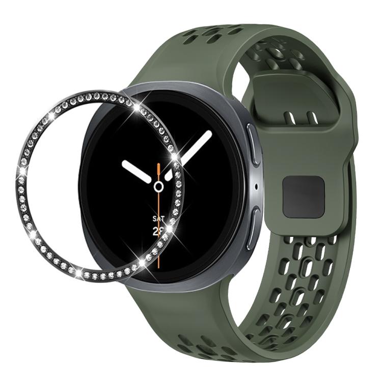 For Samsung Galaxy Watch8 40mm Diamond Bezel and Black Reverse Buckle Silicone Watch Band(Army Green Black) - Watch Bands by buy2fix | Online Shopping UK | buy2fix
