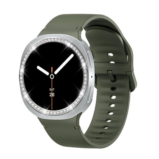 For Samsung Galaxy Watch8 44mm Diamond Bezel and Solid Color Stitched Silicone Watch Band(Army Green Silver) - Watch Bands by buy2fix | Online Shopping UK | buy2fix