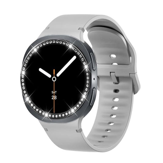 For Samsung Galaxy Watch8 44mm Diamond Bezel and Solid Color Stitched Silicone Watch Band(Gray Black) - Watch Bands by buy2fix | Online Shopping UK | buy2fix