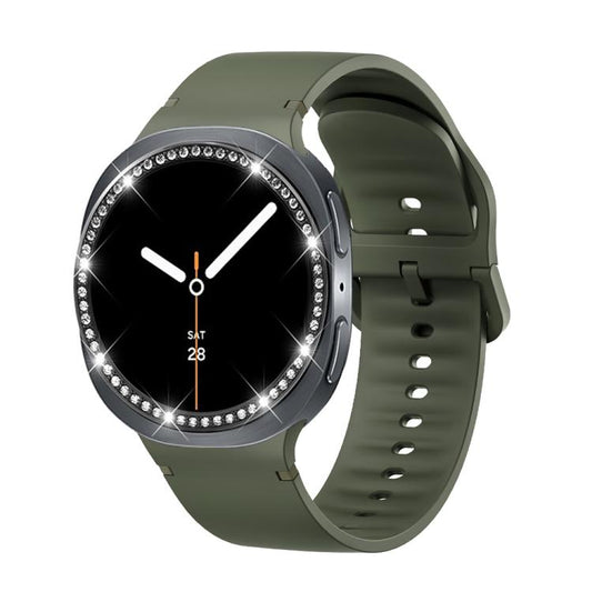 For Samsung Galaxy Watch8 44mm Diamond Bezel and Solid Color Stitched Silicone Watch Band(Army Green Black) - Watch Bands by buy2fix | Online Shopping UK | buy2fix