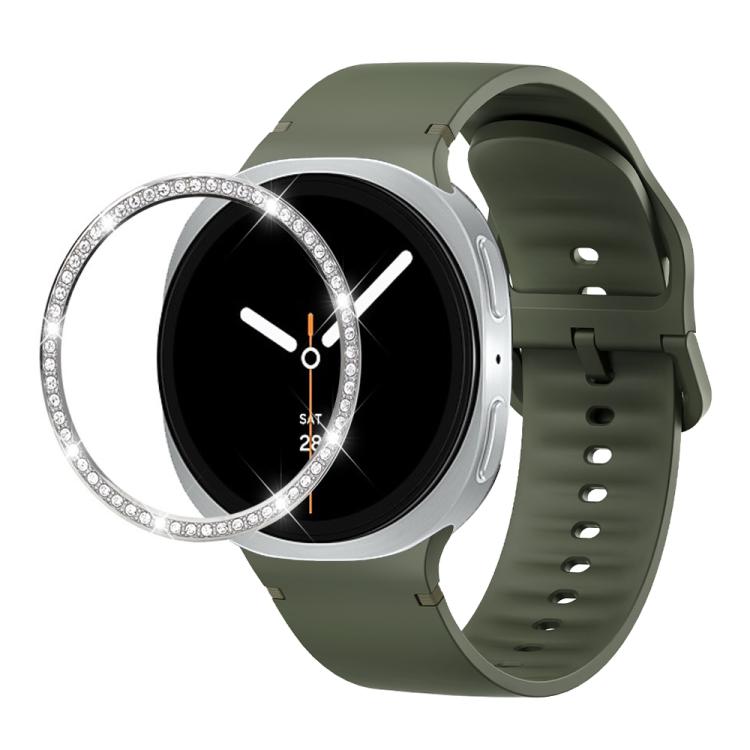 For Samsung Galaxy Watch8 40mm Diamond Bezel and Solid Color Stitched Silicone Watch Band(Army Green Silver) - Watch Bands by buy2fix | Online Shopping UK | buy2fix