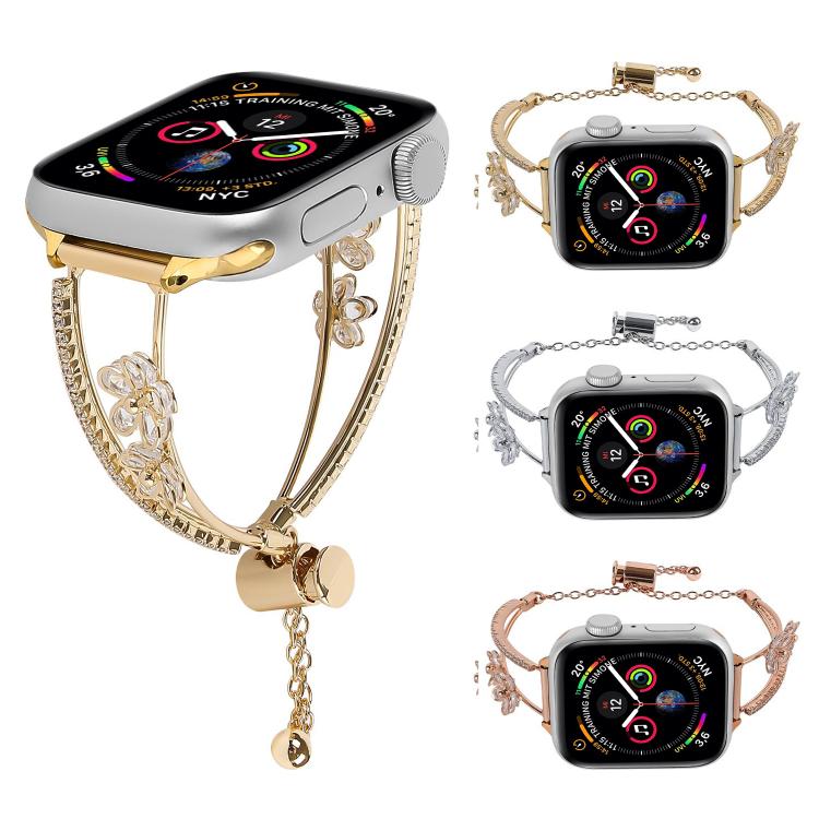 For Apple Watch 42mm / 41mm / 40mm / 38mm Copper-Inlaid Zircon 5-petal Flower Bracelet Watch Band(Gold) - Watch Bands by buy2fix | Online Shopping UK | buy2fix