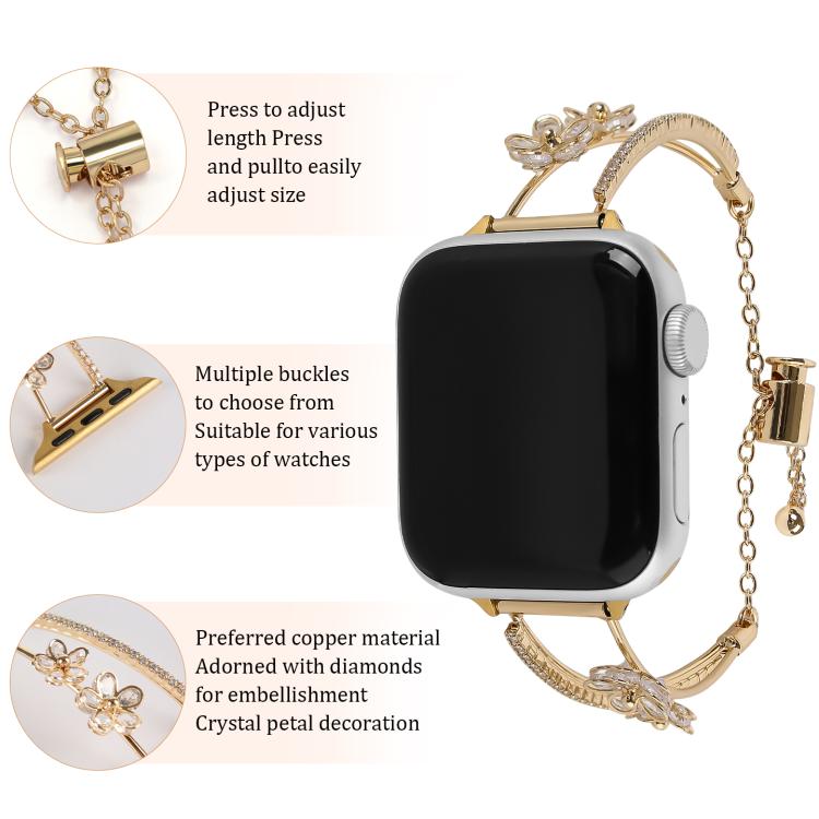 For Apple Watch 42mm / 41mm / 40mm / 38mm Copper-Inlaid Zircon 5-petal Flower Bracelet Watch Band(Gold) - Watch Bands by buy2fix | Online Shopping UK | buy2fix